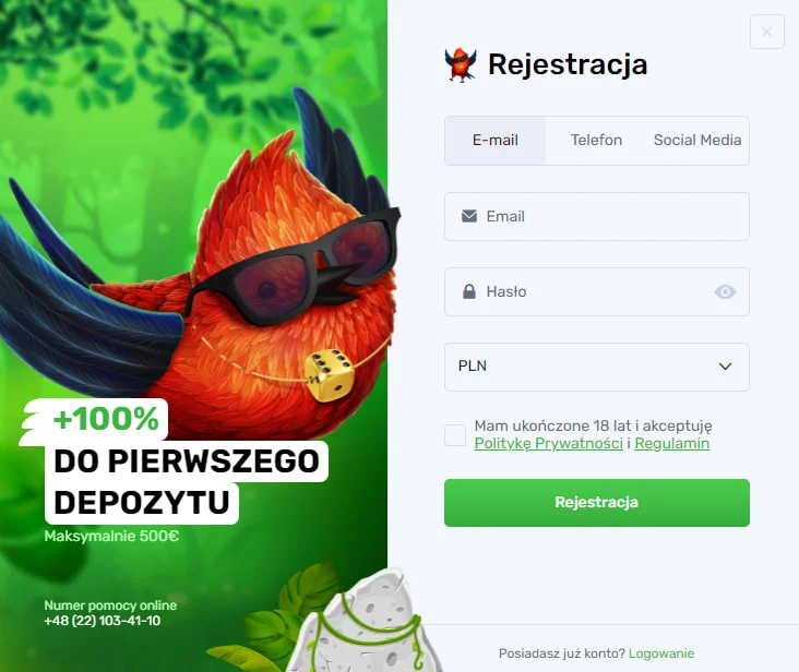 Rejestracja do Kasyno Lucky Bird